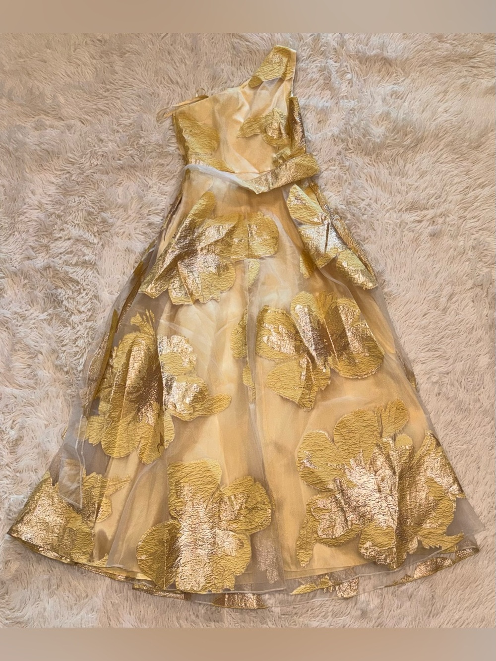 NEW ELIZA J One-Shoulder yellow Brocade belted Ballgown sz 4 - Picture 8 of 10